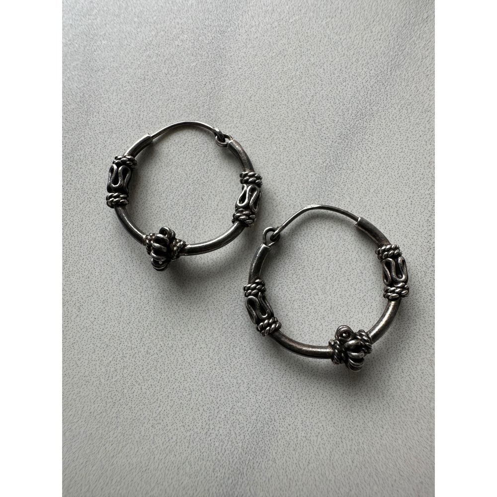 Vintage 925 Sterling Silver‎ Bali Hoop Earrings Oxidized Scroll Rope Endless